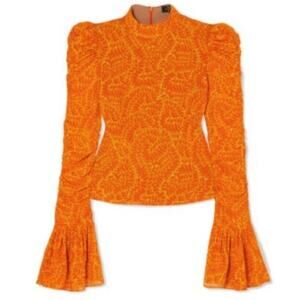 De La Vali Puma Ruched Printed Georgette Top Womens Size 6 Orange MSRP $365